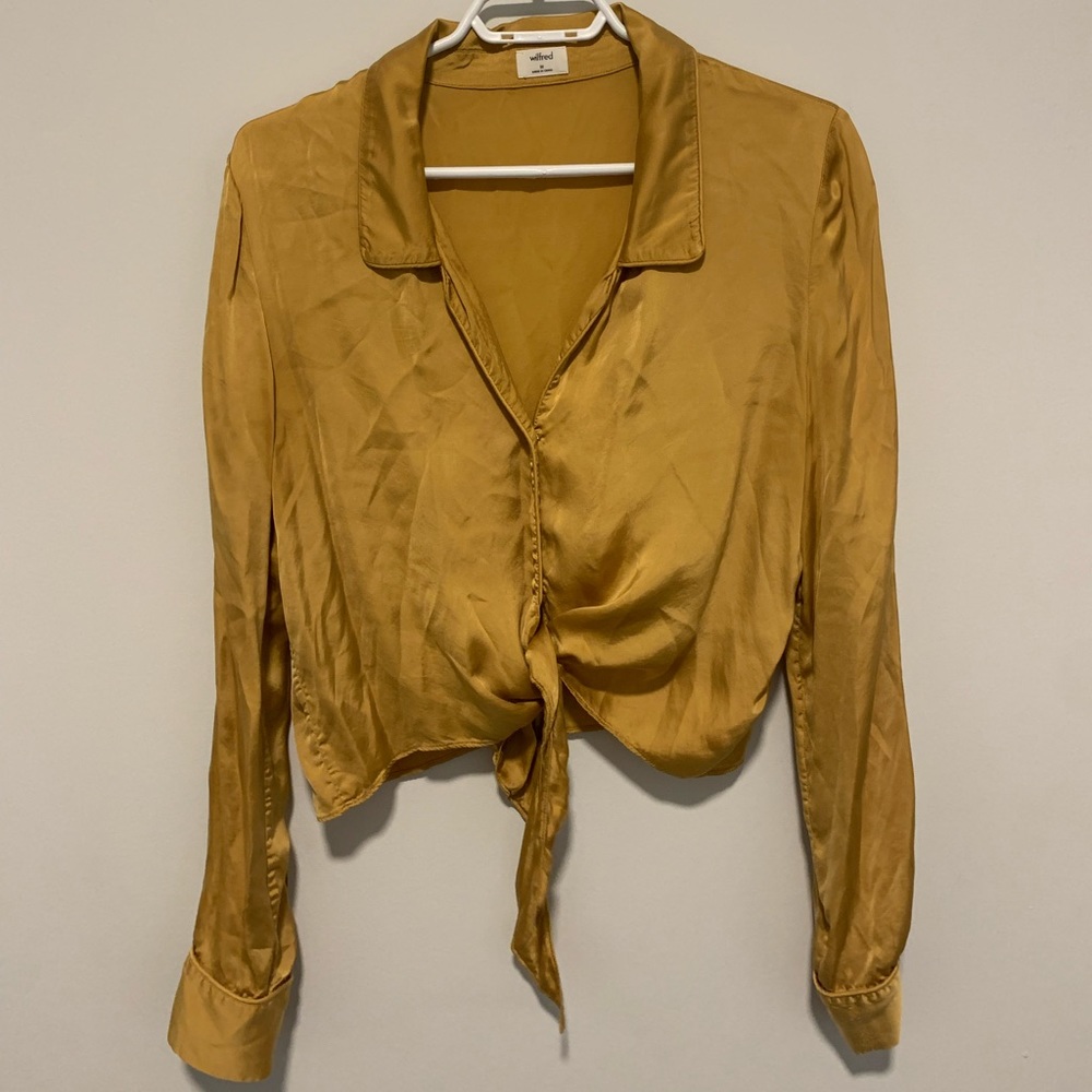 Aritzia Wilfred Silk Front Tie Blouse Mustard Yellow Medium